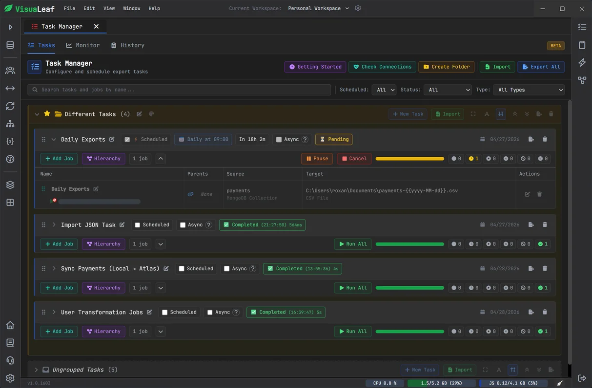 VisuaLeaf MongoDB Database Management Tool - Task Manager for tracking database tasks